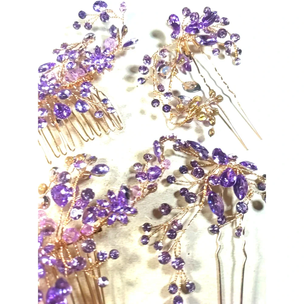 Lot Of 4 Hair Accessory 2 Combs 2 Picks Gold Tone Purple Rhinestone Prom Party